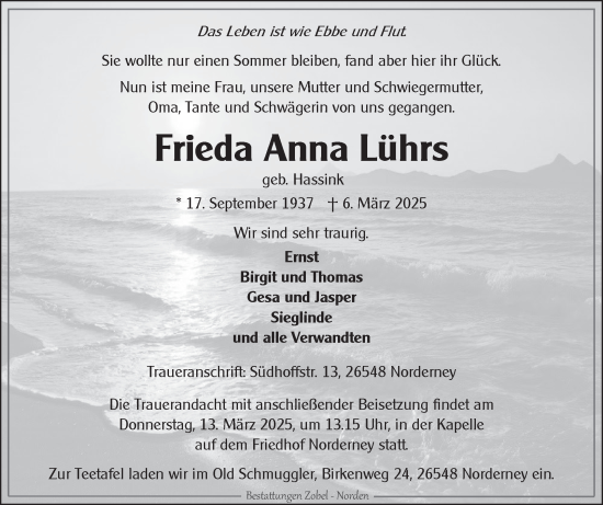 Traueranzeige von Frieda Anna Lührs von Ostfriesischer Kurier