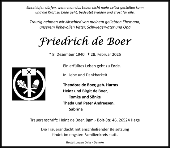 Traueranzeige von Friedrich de Boer von Ostfriesischer Kurier