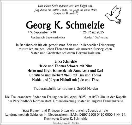 Traueranzeige von Georg K. Schmelzle von Ostfriesischer Kurier