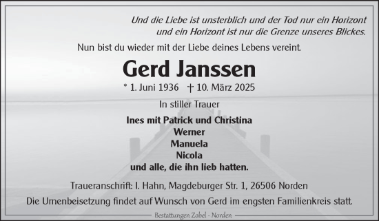 Traueranzeige von Gerd Janssen von Ostfriesischer Kurier
