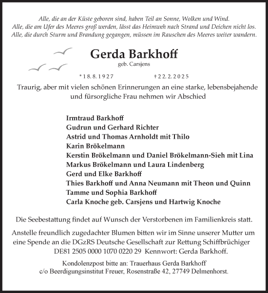 Traueranzeige von Gerda Barkhoff von Ostfriesischer Kurier