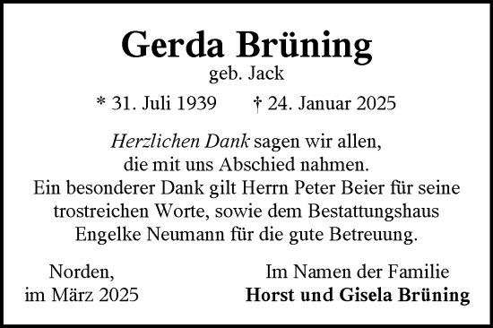 Traueranzeige von Gerda Brüning von Ostfriesischer Kurier