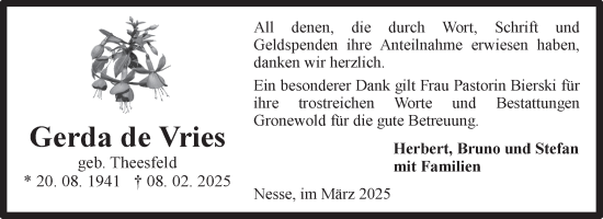 Traueranzeige von Gerda de Vries von Ostfriesischer Kurier