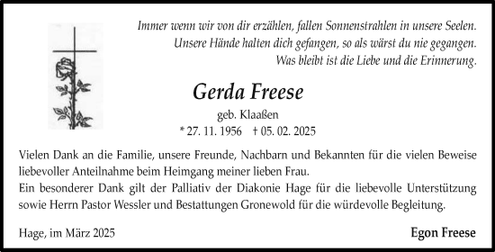 Traueranzeige von Gerda Freese von Ostfriesischer Kurier