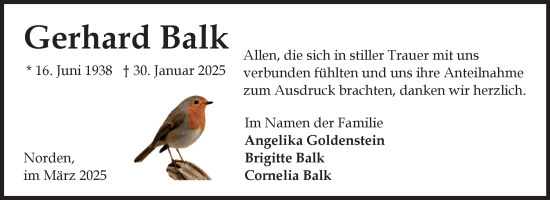 Traueranzeige von Gerhard Balk von Ostfriesischer Kurier
