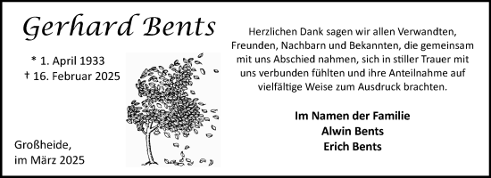 Traueranzeige von Gerhard Bents von Ostfriesischer Kurier