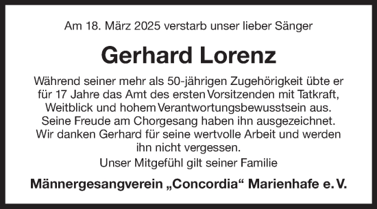 Traueranzeige von Gerhard Lorenz von Ostfriesischer Kurier