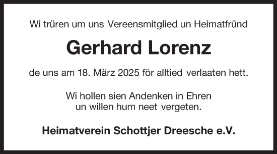 Traueranzeige von Gerhard Lorenz von Ostfriesischer Kurier