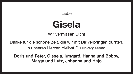 Traueranzeige von Gisela  von Ostfriesischer Kurier