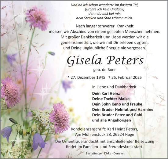 Traueranzeige von Gisela Peters von Ostfriesischer Kurier