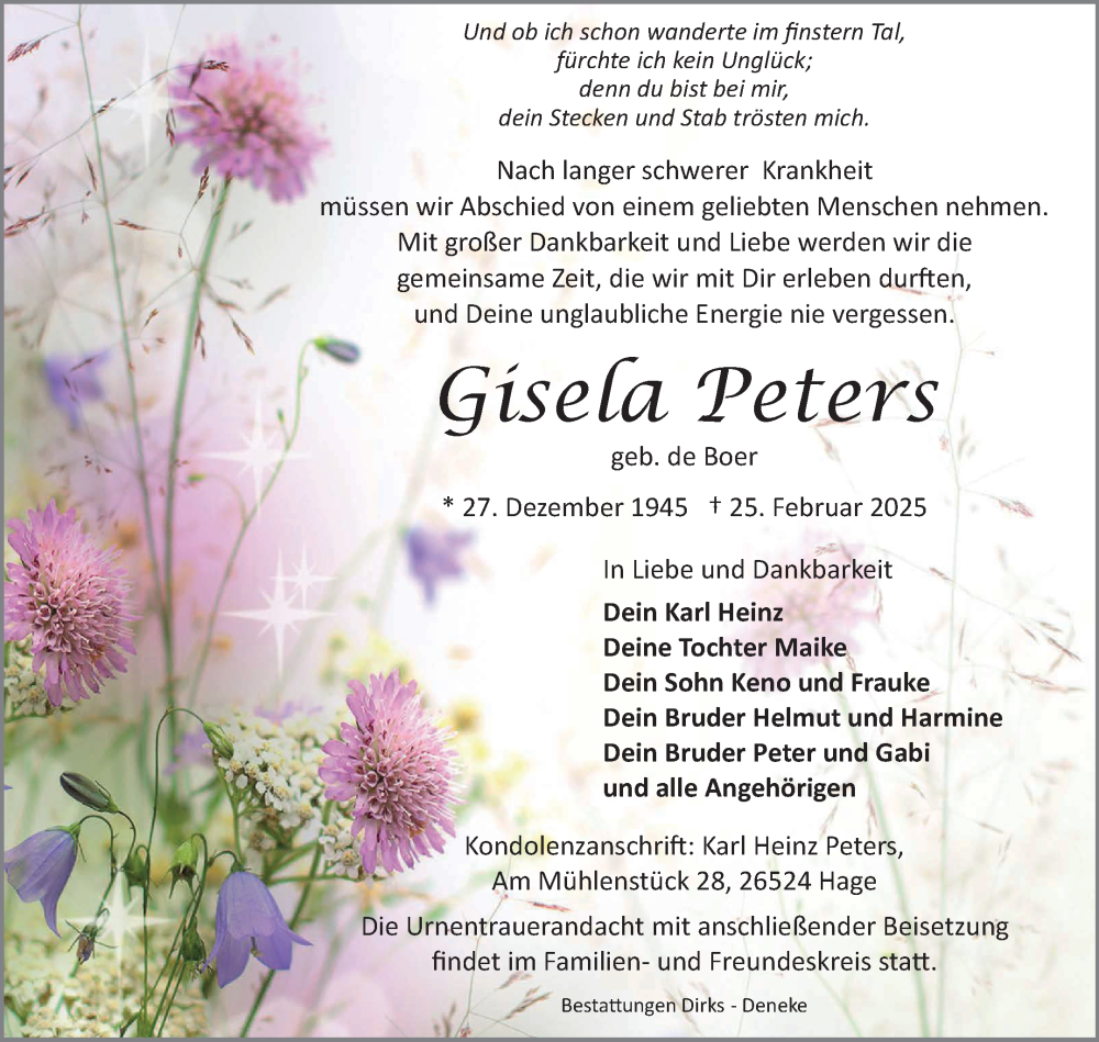  Traueranzeige für Gisela Peters vom 05.03.2025 aus Ostfriesischer Kurier