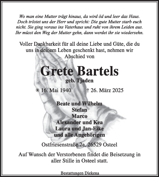 Traueranzeige von Grete Bartels von Ostfriesischer Kurier