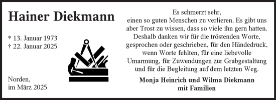 Traueranzeige von Hainer Diekmann von Ostfriesischer Kurier