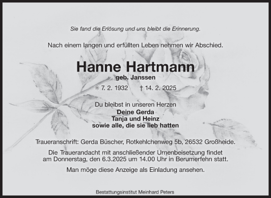 Traueranzeige von Hanne Hartmann von Ostfriesischer Kurier