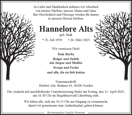 Traueranzeige von Hannelore Alts von Ostfriesischer Kurier