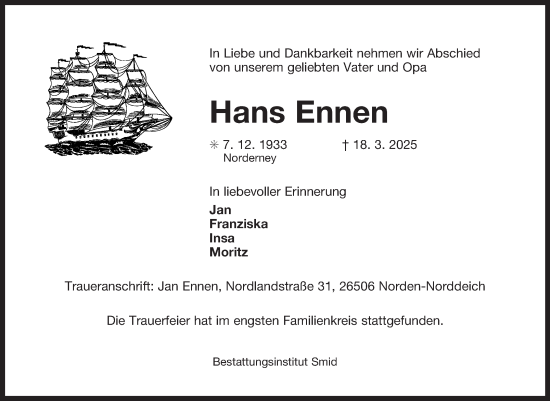 Traueranzeige von Hans Ennen von Ostfriesischer Kurier