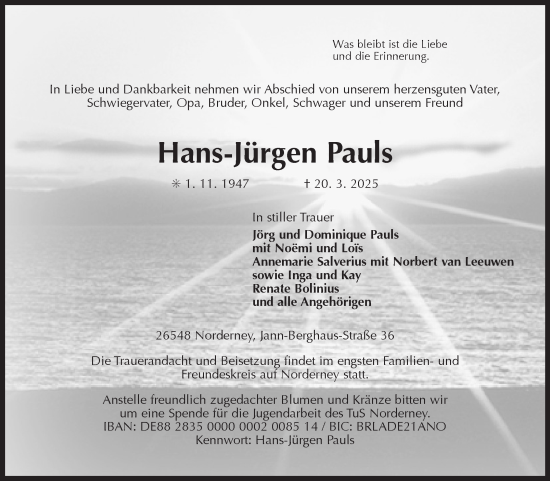 Traueranzeige von Hans-Jürgen Pauls von Ostfriesischer Kurier