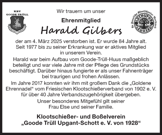 Traueranzeige von Harald Gilbers von Ostfriesischer Kurier