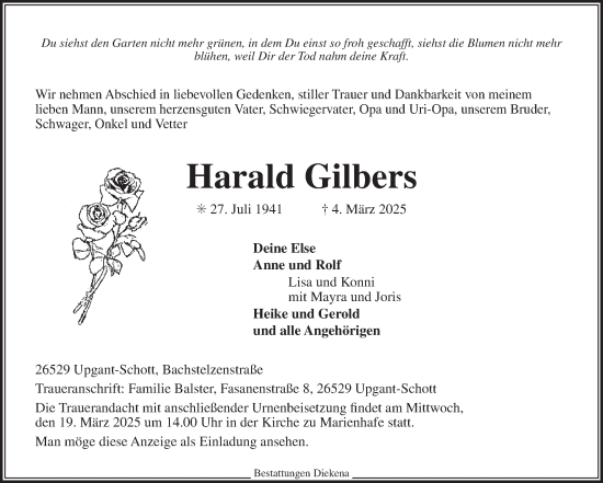Traueranzeige von Harald Gilbers von Ostfriesischer Kurier