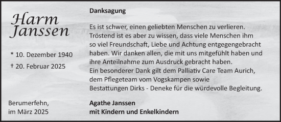 Traueranzeige von Harm Janssen von Ostfriesischer Kurier