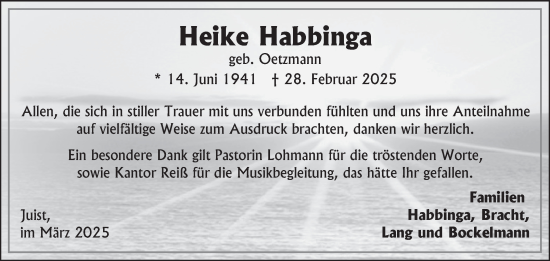 Traueranzeige von Heike Habbinga von Ostfriesischer Kurier