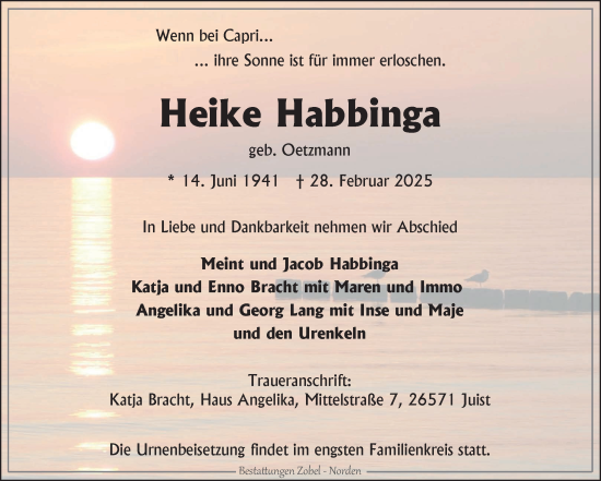 Traueranzeige von Heike Habbinga von Ostfriesischer Kurier