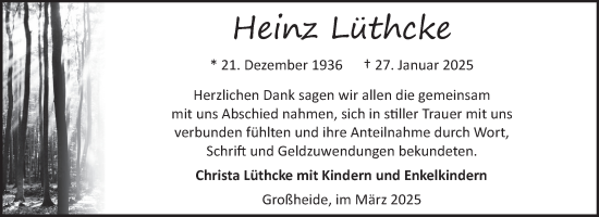 Traueranzeige von Heinz Lüthcke von Ostfriesischer Kurier