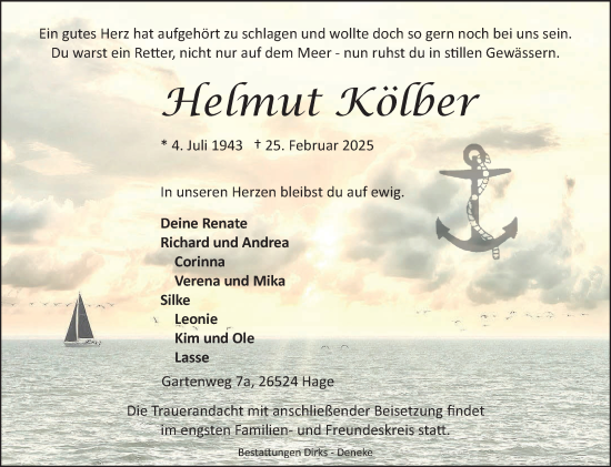 Traueranzeige von Helmut Kölber von Ostfriesischer Kurier