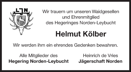 Traueranzeige von Helmut Kölber von Ostfriesischer Kurier