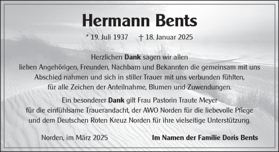 Traueranzeige von Hermann Bents von Ostfriesischer Kurier