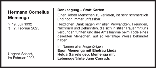 Traueranzeige von Hermann Cornelius Memenga von Ostfriesischer Kurier