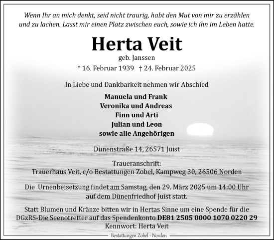 Traueranzeige von Herta Veit von Ostfriesischer Kurier