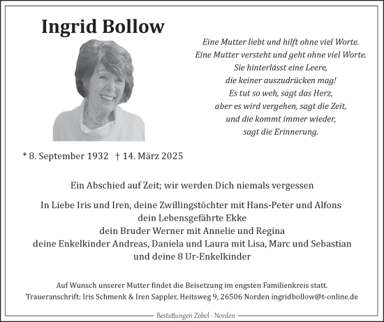 Traueranzeige von Ingrid Bollow von Ostfriesischer Kurier
