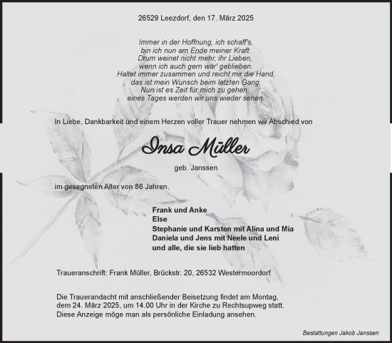 Traueranzeige von Insa Müller von Ostfriesischer Kurier