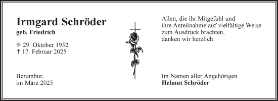 Traueranzeige von Irmgard Schröder von Ostfriesischer Kurier
