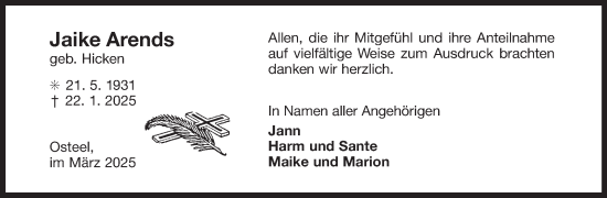 Traueranzeige von Jaike Arends von Ostfriesischer Kurier