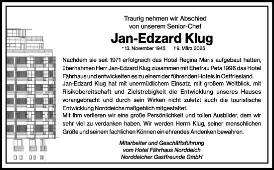 Traueranzeige von Jan-Edzard Klug von Ostfriesischer Kurier