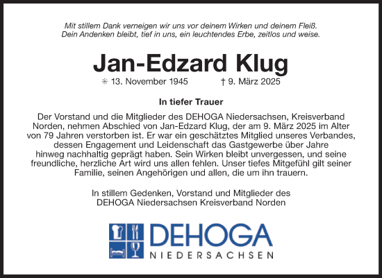 Traueranzeige von Jan-Edzard Klug von Ostfriesischer Kurier