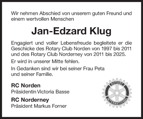 Traueranzeige von Jan-Edzard Klug von Ostfriesischer Kurier