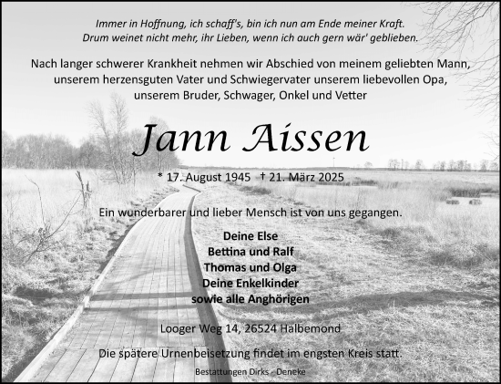 Traueranzeige von Jann Aissen von Ostfriesischer Kurier