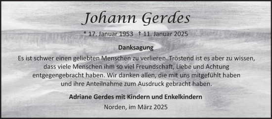Traueranzeige von Johann Gerdes von Ostfriesischer Kurier