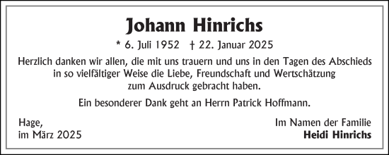 Traueranzeige von Johann Hinrichs von Ostfriesischer Kurier