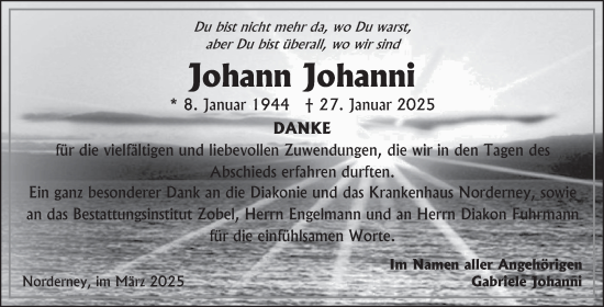 Traueranzeige von Johann Johanni von Ostfriesischer Kurier