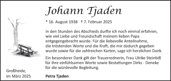 Traueranzeige von Johann Tjaden von Ostfriesischer Kurier