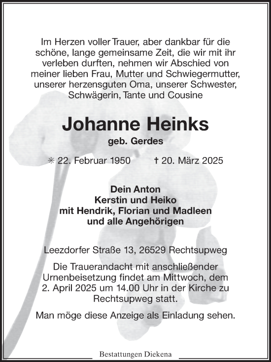 Traueranzeige von Johanne Heinks von Ostfriesischer Kurier