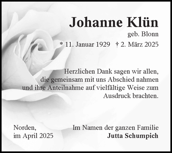 Traueranzeige von Johanne Klün von Ostfriesischer Kurier