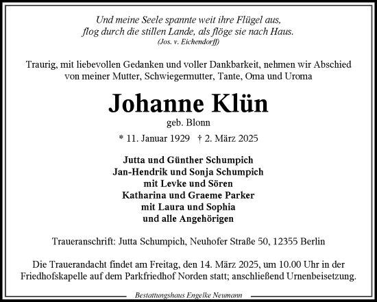 Traueranzeige von Johanne Klün von Ostfriesischer Kurier