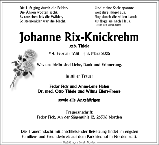 Traueranzeige von Johanne Rix-Knickrehm von Ostfriesischer Kurier