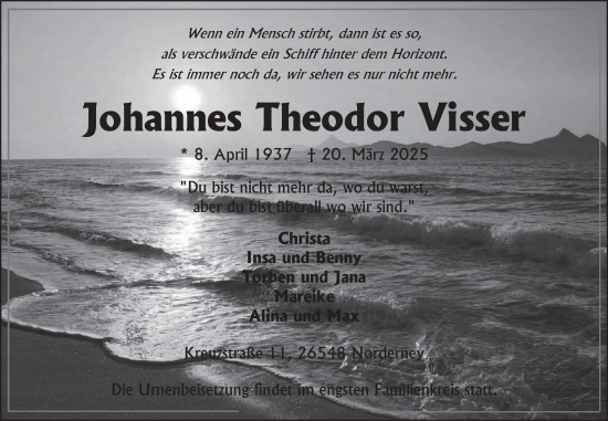 Traueranzeige von Johannes Theodor Visser von Ostfriesischer Kurier