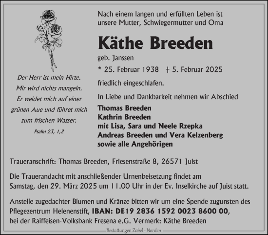 Traueranzeige von Käthe Breeden von Ostfriesischer Kurier